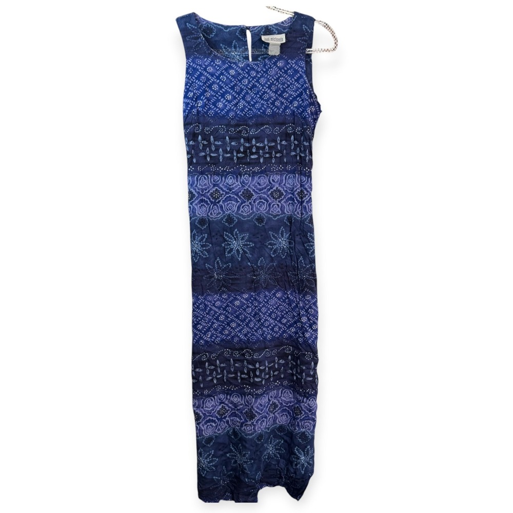 VTG Jodi Michaels Blue Batik Print Sleeveless Maxi Dress Boho Tie Back Size M